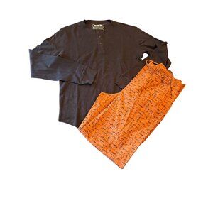 Eddie Bauer Mens Black Henley Shirt & Orange Fish Print Pajama Pants Set Small